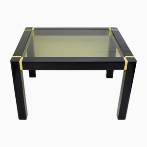 Small Vintage Coffee Table in Black Lacquered Wood & Gold Metal, Smoked Glass Tray, 1970s-RNR-1794663