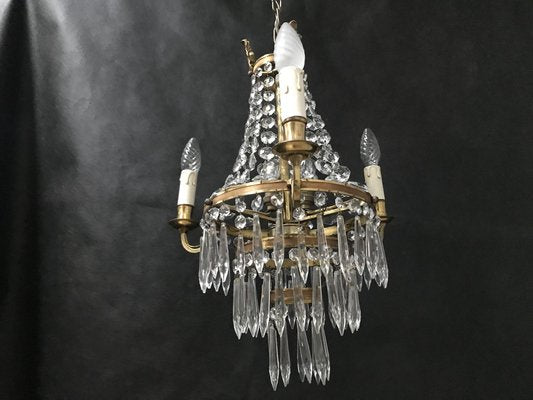 Small Vintage Crystal & Brass Cascade Chandelier, 1950s-WQQ-1384534