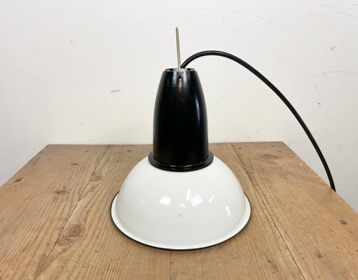 Small Vintage Soviet Industrial Pendant Light in White Enamel, 1960s-CGF-1350997