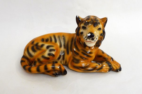 Small Vintage Tiger Sculpture in Polychrome Plaster, 1970s-RNR-1814571