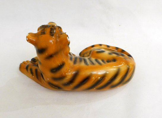 Small Vintage Tiger Sculpture in Polychrome Plaster, 1970s-RNR-1814571