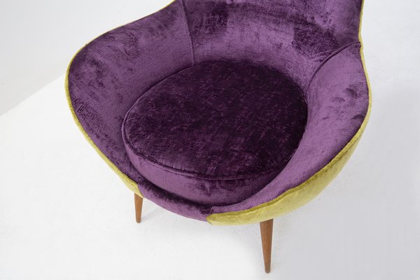 Small Vintage Wooden Armchairs & Pouf in Purple and Green Velvet, Set of 3-RCE-1251316