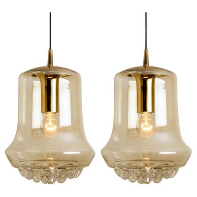 Smoked Brown Glass and Brass Pendant Lights attributed to Peill & Putzler, 1960s, Set of 2-VDW-1419005