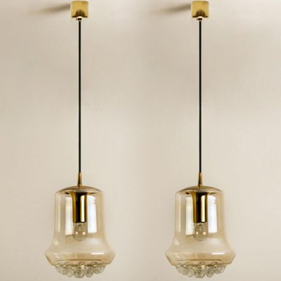 Smoked Brown Glass and Brass Pendant Lights attributed to Peill & Putzler, 1960s, Set of 2-VDW-1419005