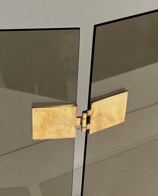 Smoked Glass and Brass Trifold Fireguard, 1970s-BA-1784729