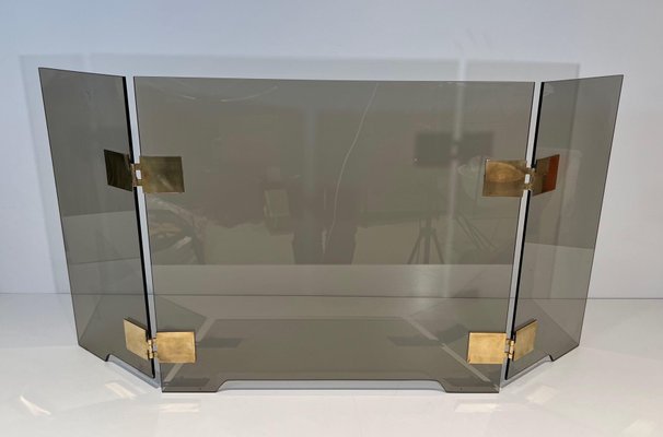 Smoked Glass and Brass Trifold Fireguard, 1970s-BA-1784729