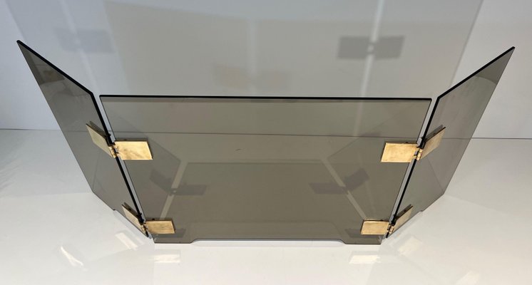 Smoked Glass and Brass Trifold Fireguard, 1970s-BA-1784729