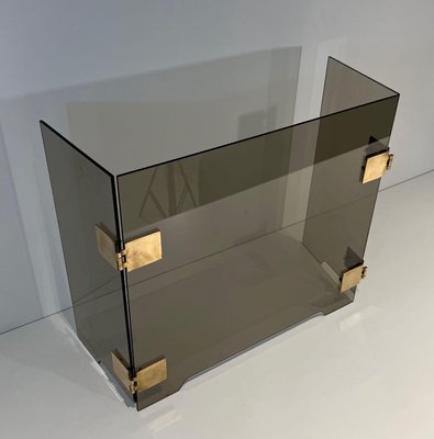 Smoked Glass and Brass Trifold Fireguard, 1970s-BA-1784729