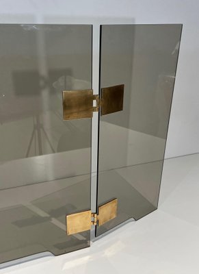 Smoked Glass and Brass Trifold Fireguard, 1970s-BA-1784729