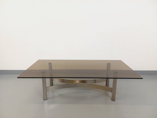 Smoked Glass, Brushed Aluminum and Cast Iron Coffee Table, 1970s-AHO-1811785