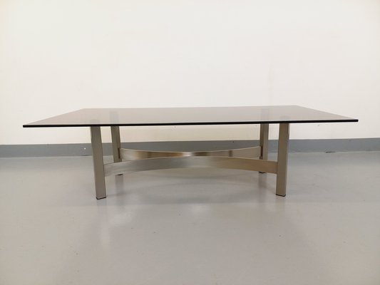 Smoked Glass, Brushed Aluminum and Cast Iron Coffee Table, 1970s-AHO-1811785