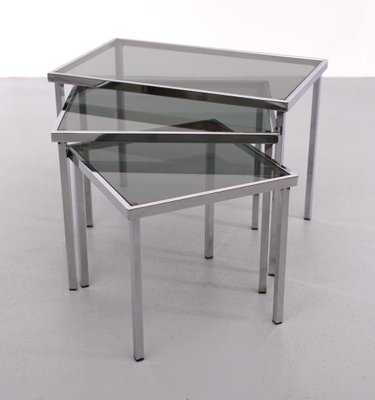 Smoked Glass & Chrome Frame Nesting Tables, 1970s, Set of 3-GCG-1425281