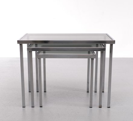 Smoked Glass & Chrome Frame Nesting Tables, 1970s, Set of 3-GCG-1425281