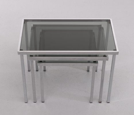 Smoked Glass & Chrome Frame Nesting Tables, 1970s, Set of 3-GCG-1425281