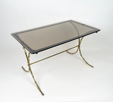 Smoked Glass & Faux Bamboo Brass Coffee Table from Maison Bagues, France, 1970s-LYQ-1171437