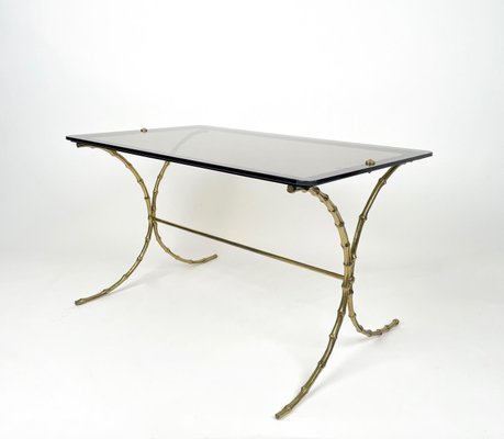 Smoked Glass & Faux Bamboo Brass Coffee Table from Maison Bagues, France, 1970s-LYQ-1171437