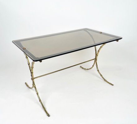 Smoked Glass & Faux Bamboo Brass Coffee Table from Maison Bagues, France, 1970s-LYQ-1171437