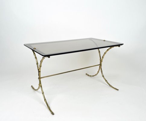 Smoked Glass & Faux Bamboo Brass Coffee Table from Maison Bagues, France, 1970s-LYQ-1171437