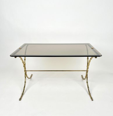 Smoked Glass & Faux Bamboo Brass Coffee Table from Maison Bagues, France, 1970s-LYQ-1171437