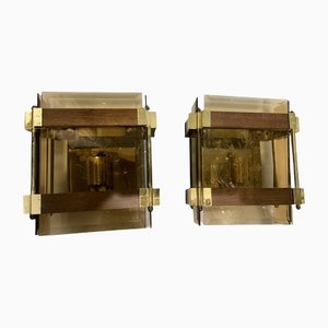 Smokey Glass Wooden Brass Sconces, Set of 2-JJC-1284356