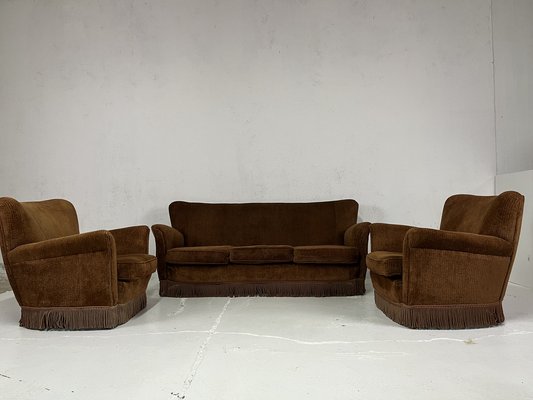 Sofa and Armchairs in Velvet and Brass from ISA Bergamo, 1950s, Set of 3-TPO-1780703