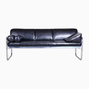 Sofa in Chrome-Plated Tubular Steel and Black Leather attributed to Hynek Gottwald, Former Czechoslovakia, 1930s-WHY-1776769