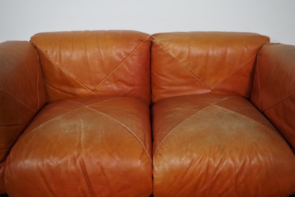 Sofas and Poufs in Orange Leather Marius & Marius by Mario Marenco for Arflex, 1970s, Set of 3-KNM-1049393