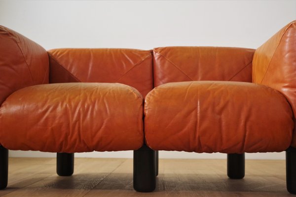 Sofas and Poufs in Orange Leather Marius & Marius by Mario Marenco for Arflex, 1970s, Set of 3-KNM-1049393