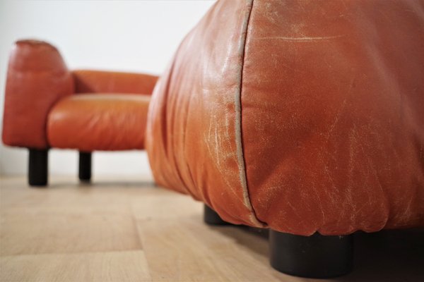 Sofas and Poufs in Orange Leather Marius & Marius by Mario Marenco for Arflex, 1970s, Set of 3-KNM-1049393