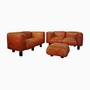 Sofas and Poufs in Orange Leather Marius & Marius by Mario Marenco for Arflex, 1970s, Set of 3-KNM-1049393