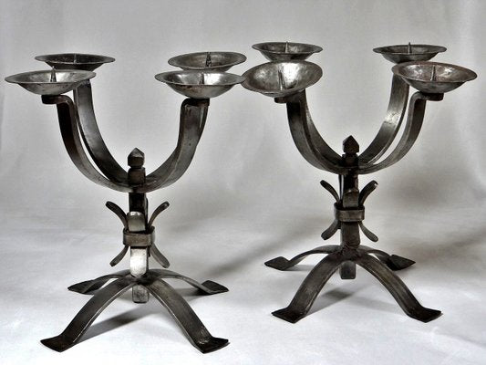 Solid Brutalist Wrought Iron Candlesticks with 4 Lights, Set of 2-GRD-2022963