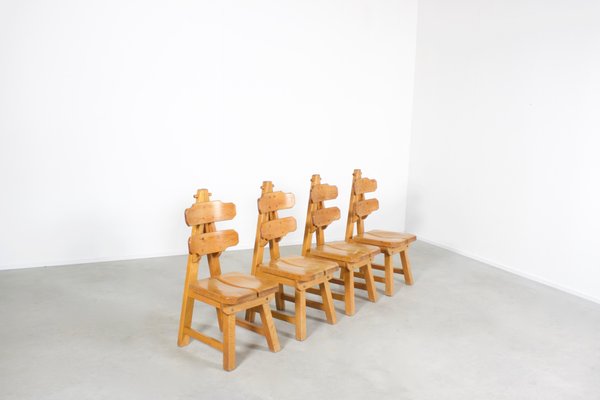 Solid Oak Brutalist Chairs, 1970s, Set of 4-QT-1263497