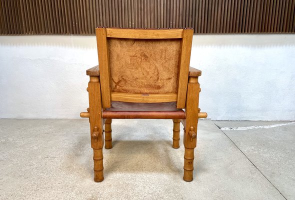 South American Brutalist Leather & Oak Safari Chair, Colombia, 1960s-JP-1369535