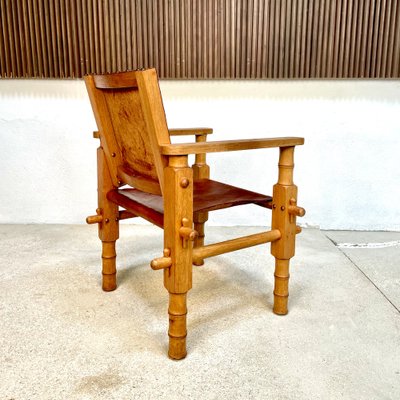 South American Brutalist Leather & Oak Safari Chair, Colombia, 1960s-JP-1369535