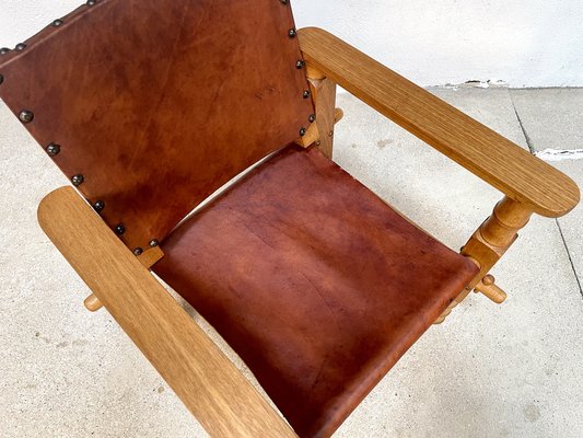 South American Brutalist Leather & Oak Safari Chair, Colombia, 1960s-JP-1369535