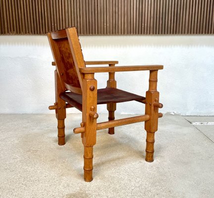 South American Brutalist Leather & Oak Safari Chairs, Colombia, 1960s, Set of 2-JP-1369541