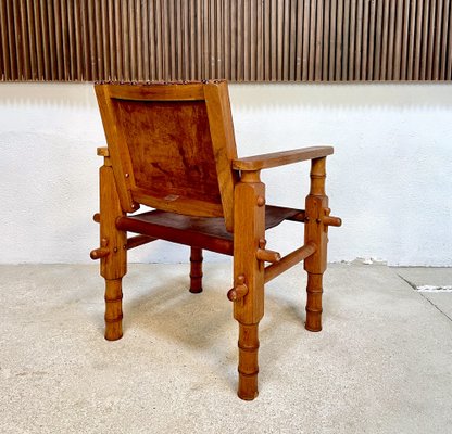 South American Brutalist Leather & Oak Safari Chairs, Colombia, 1960s, Set of 2-JP-1369541