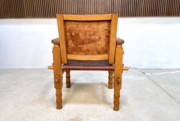 South American Brutalist Leather & Oak Safari Chairs, Colombia, 1960s, Set of 2-JP-1369541