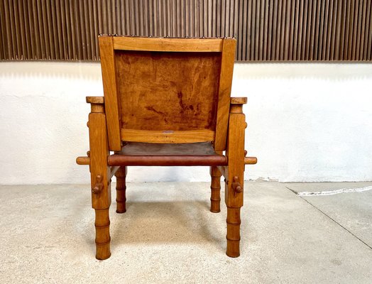 South American Brutalist Leather & Oak Safari Chairs, Colombia, 1960s, Set of 2-JP-1369541