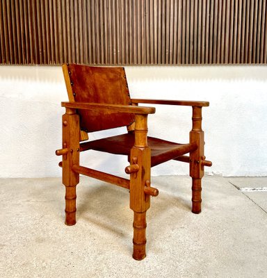 South American Brutalist Leather & Oak Safari Chairs, Colombia, 1960s, Set of 2-JP-1369541