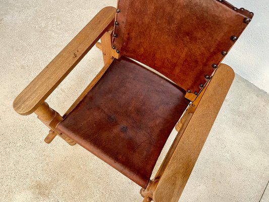 South American Brutalist Leather & Oak Safari Chairs, Colombia, 1960s, Set of 2-JP-1369541