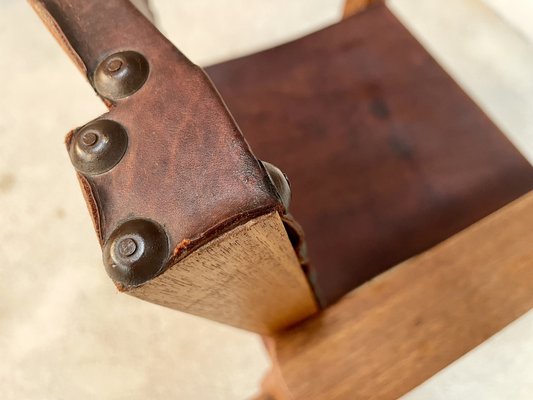 South American Brutalist Leather & Oak Safari Chairs, Colombia, 1960s, Set of 2-JP-1369541