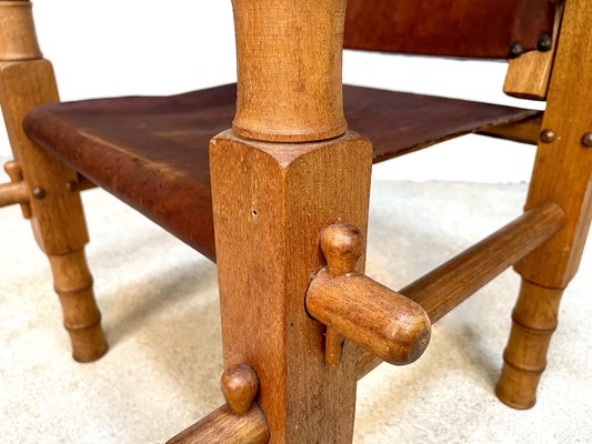 South American Brutalist Leather & Oak Safari Chairs, Colombia, 1960s, Set of 2-JP-1369541