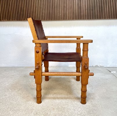 South American Brutalist Leather & Oak Safari Chairs, Colombia, 1960s, Set of 2-JP-1369541