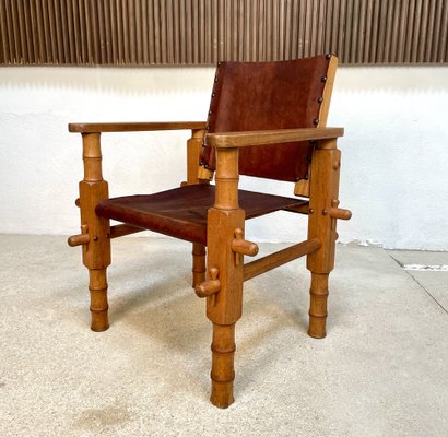 South American Brutalist Leather & Oak Safari Chairs, Colombia, 1960s, Set of 2-JP-1369541