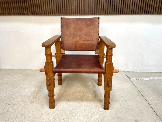 South American Brutalist Leather & Oak Safari Chairs, Colombia, 1960s, Set of 2-JP-1369541