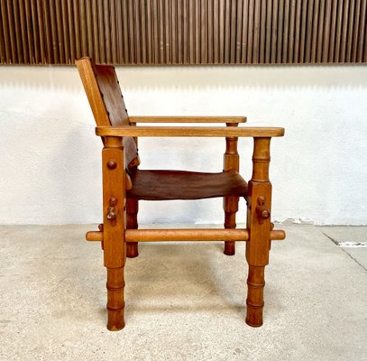 South American Brutalist Leather & Oak Safari Chairs, Colombia, 1960s, Set of 2-JP-1369541