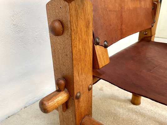 South American Brutalist Leather & Oak Safari Chairs, Colombia, 1960s, Set of 2-JP-1369541