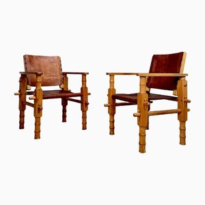 South American Brutalist Leather & Oak Safari Chairs, Colombia, 1960s, Set of 2-JP-1369541