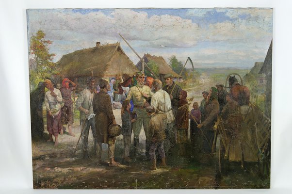 Soviet Propaganda Artist, Soldiers and Peasants, 1983, Canvas Painting-XNH-1804560